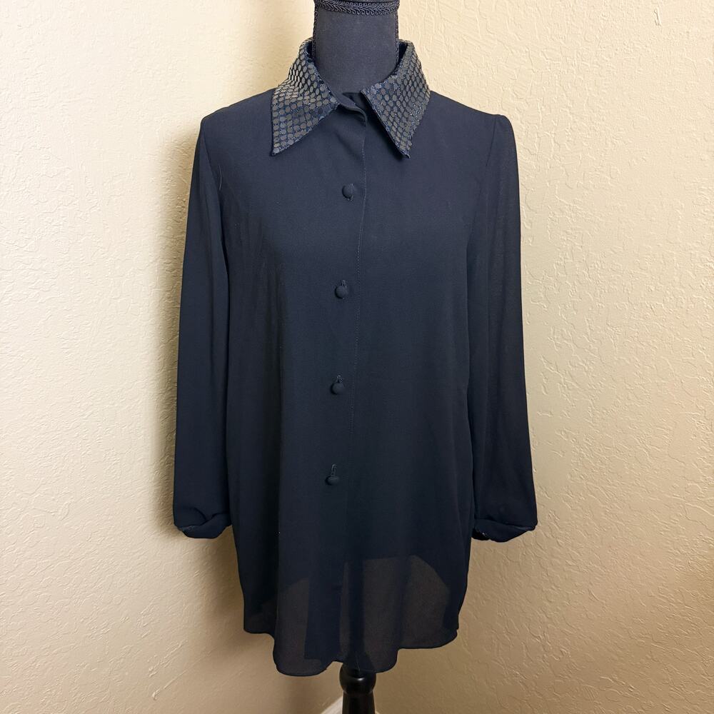 Vintage Caron Chicago Black Sheer Sequin Collar Button Front Party Blouse
